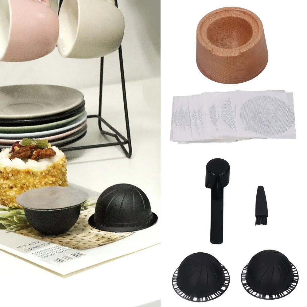 230ml Capacity Coffee Capsule Filter Cup Aluminum Foil Lid Beech Wood Holder Capsule Refill Holder Set Reusable Design