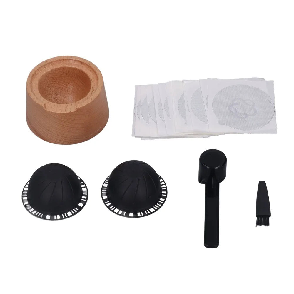 230ml Capacity Coffee Capsule Filter Cup Aluminum Foil Lid Beech Wood Holder Capsule Refill Holder Set Reusable Design